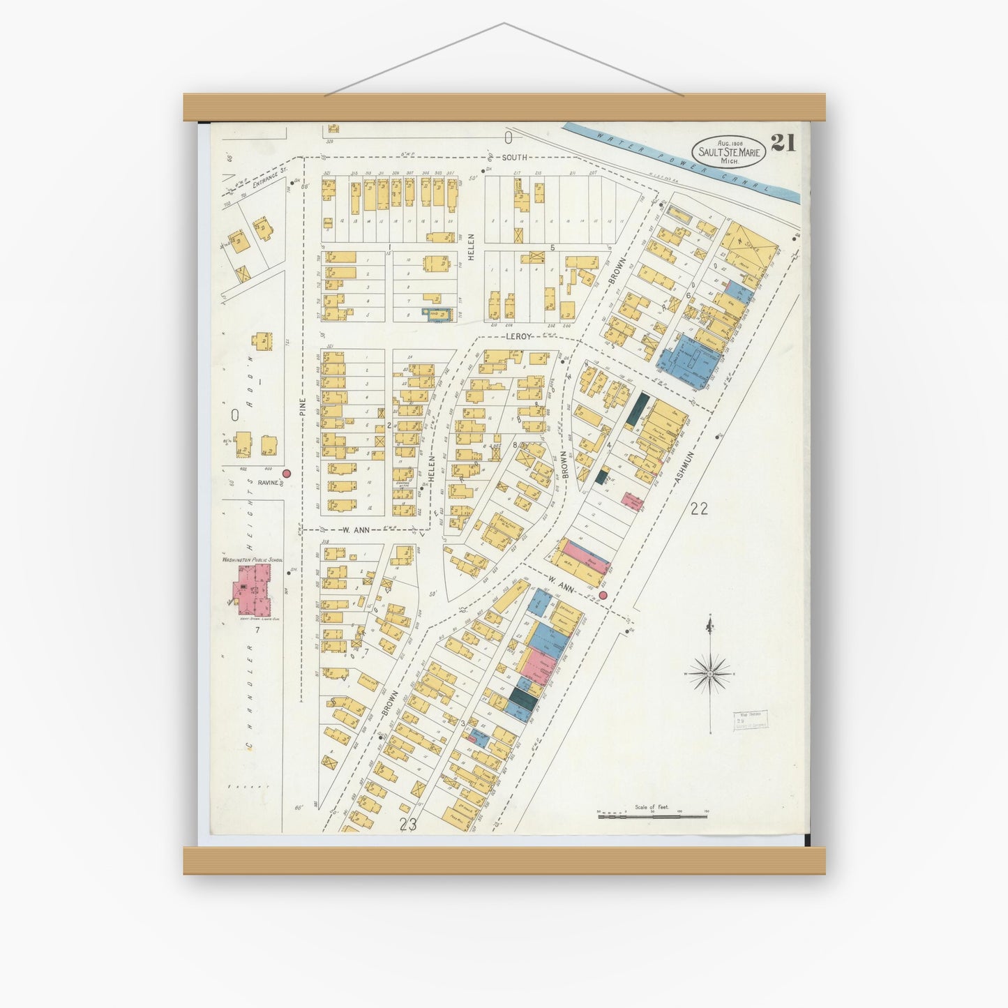 Old map wall art mockup — magnetic wood frame on white wall — Sanborn Fire Insurance Map from Sault Sainte Marie, Chippewa County, Michigan (1906), Sheet #0021