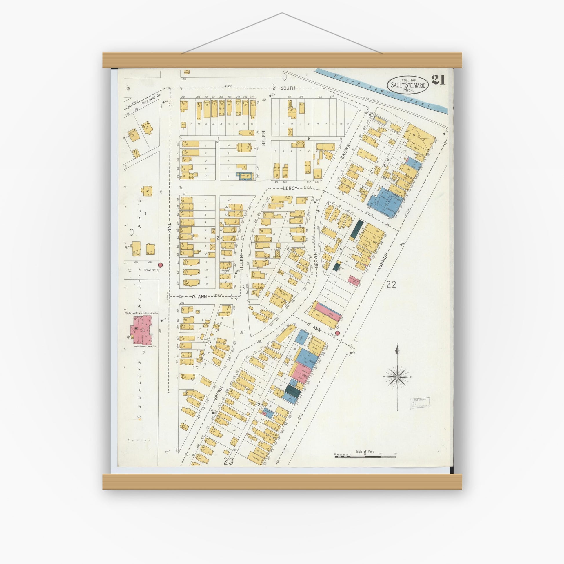 Old map wall art mockup — magnetic wood frame on white wall — Sanborn Fire Insurance Map from Sault Sainte Marie, Chippewa County, Michigan (1906), Sheet #0021