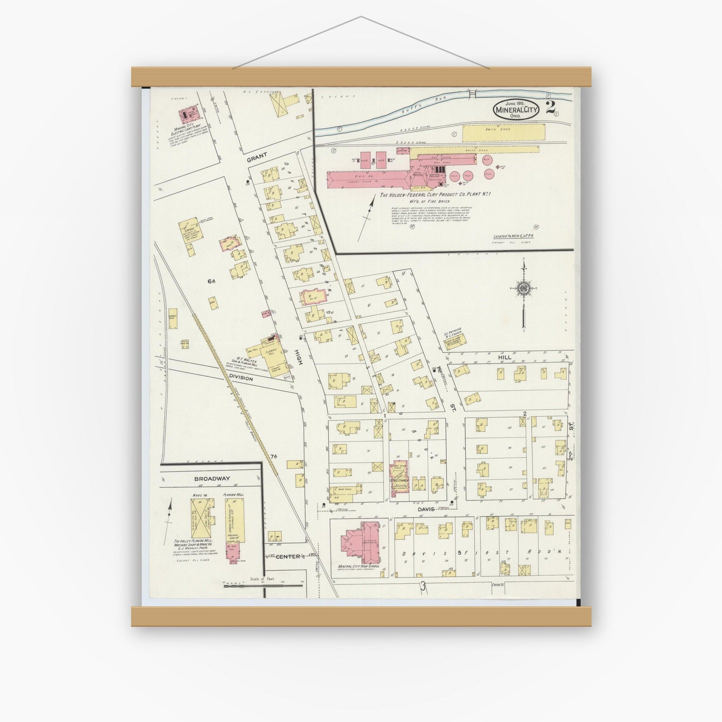 Old map wall art mockup — magnetic wood frame on white wall — Sanborn Fire Insurance Map from Mineral City, Tuscarawas County, Ohio (1915), Sheet #0002