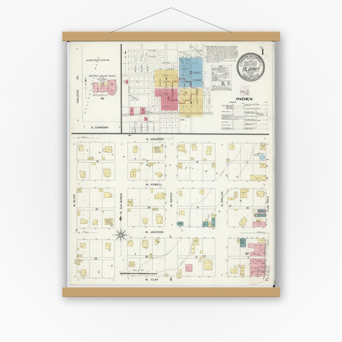 Old map wall art mockup — magnetic wood frame on white wall — Sanborn Fire Insurance Map from Albany, Gentry County, Missouri (1909) - Complete Map Set