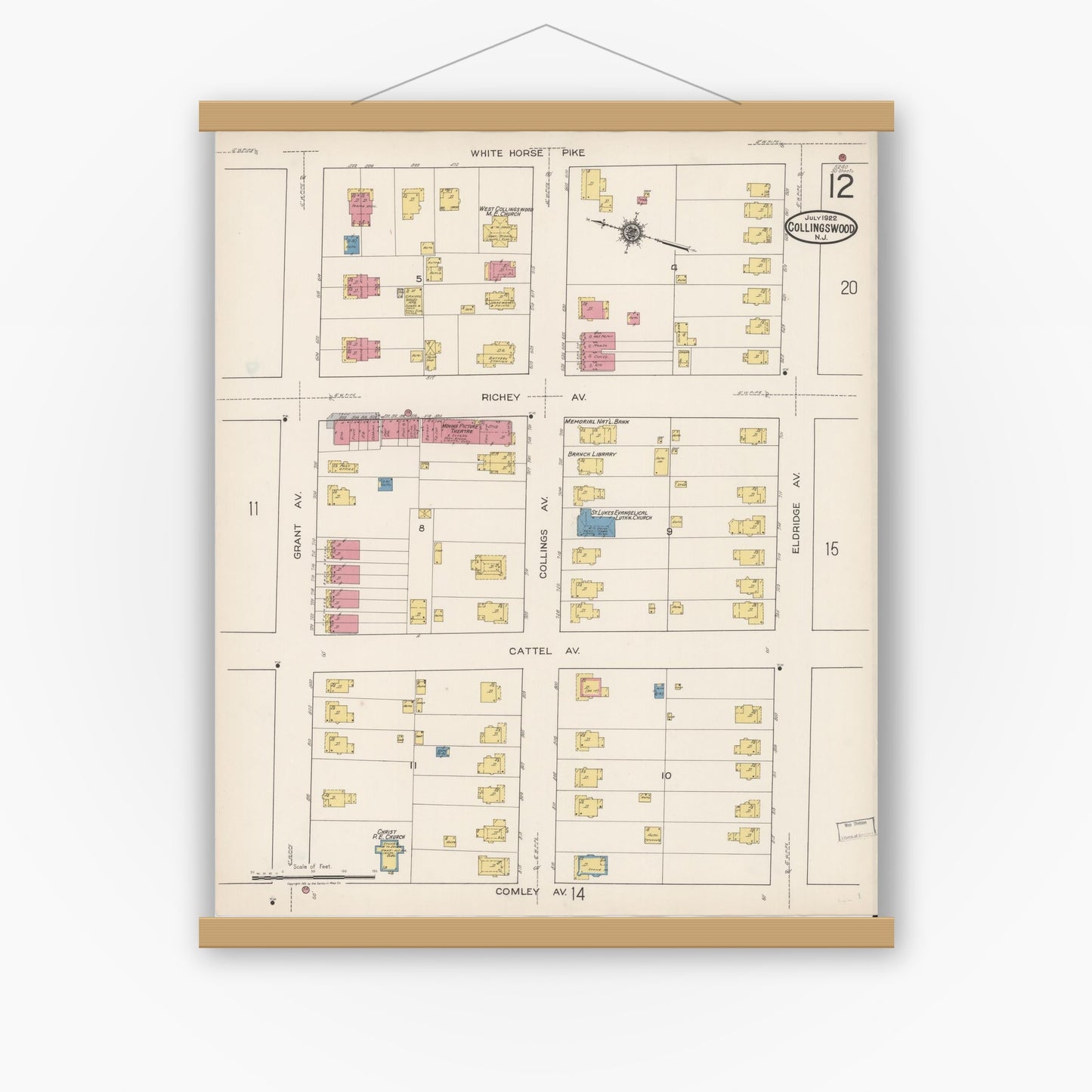 Old map wall art mockup — magnetic wood frame on white wall — Sanborn Fire Insurance Map from Collingswood, Camden County, New Jersey (1922), Sheet #0012