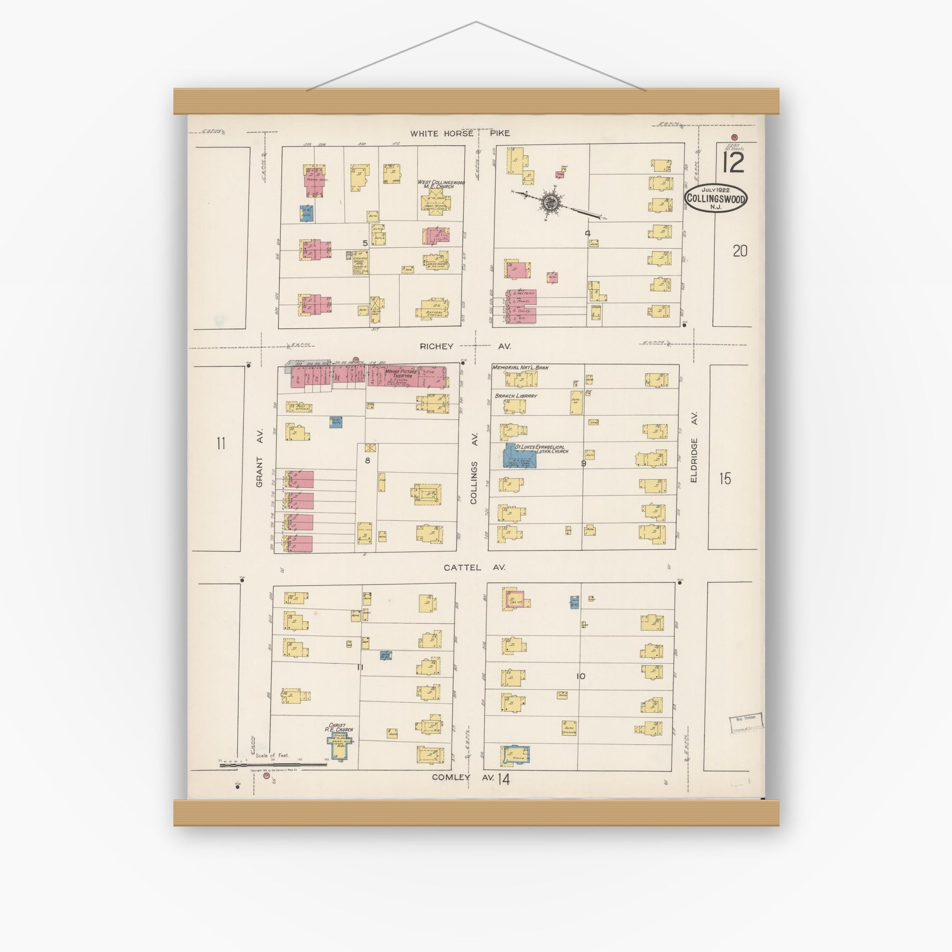 Old map wall art mockup — magnetic wood frame on white wall — Sanborn Fire Insurance Map from Collingswood, Camden County, New Jersey (1922), Sheet #0012