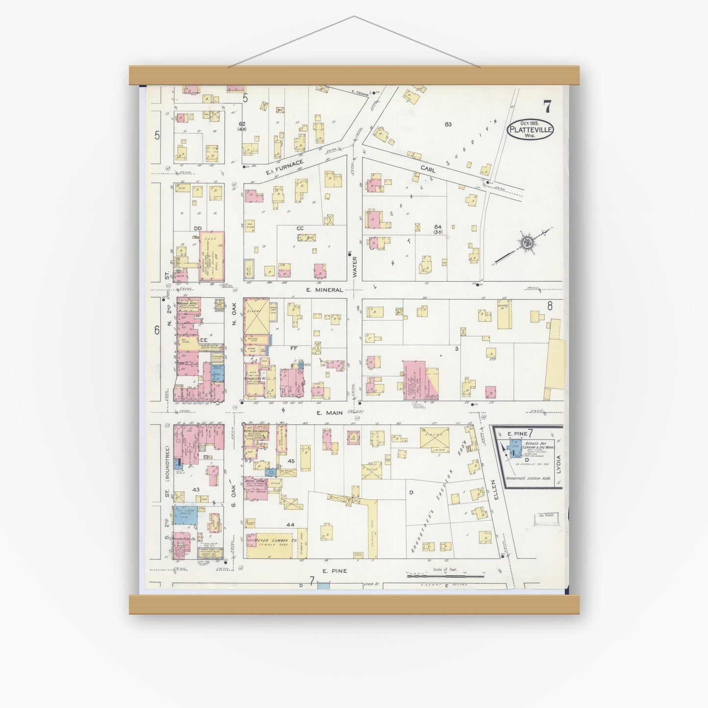 Old map wall art mockup — magnetic wood frame on white wall — Sanborn Fire Insurance Map from Platteville, Grant County, Wisconsin (1915), Sheet #0007