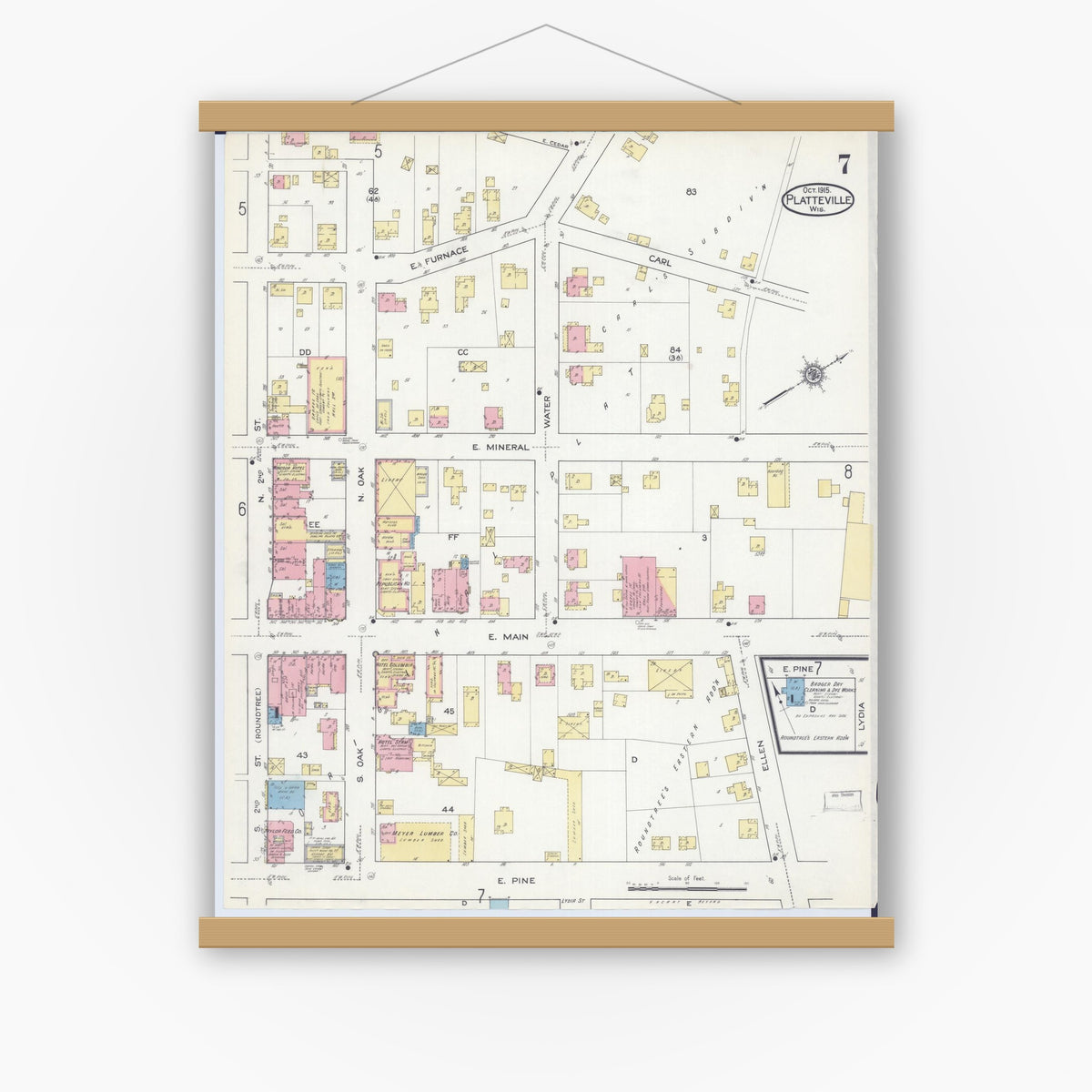 Old map wall art mockup — magnetic wood frame on white wall — Sanborn Fire Insurance Map from Platteville, Grant County, Wisconsin (1915), Sheet #0007