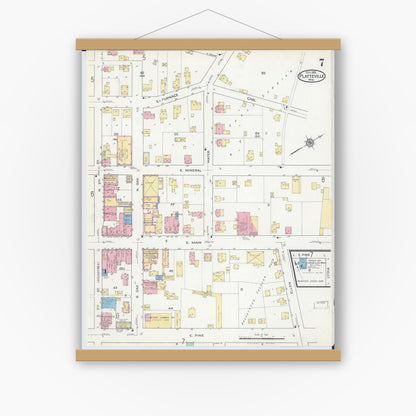 Old map wall art mockup — magnetic wood frame on white wall — Sanborn Fire Insurance Map from Platteville, Grant County, Wisconsin (1915), Sheet #0007