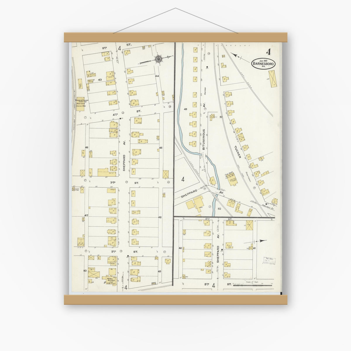 Old map wall art mockup — magnetic wood frame on white wall — Sanborn Fire Insurance Map from Barnesboro, Cambria County, Pennsylvania (1910), Sheet #0004
