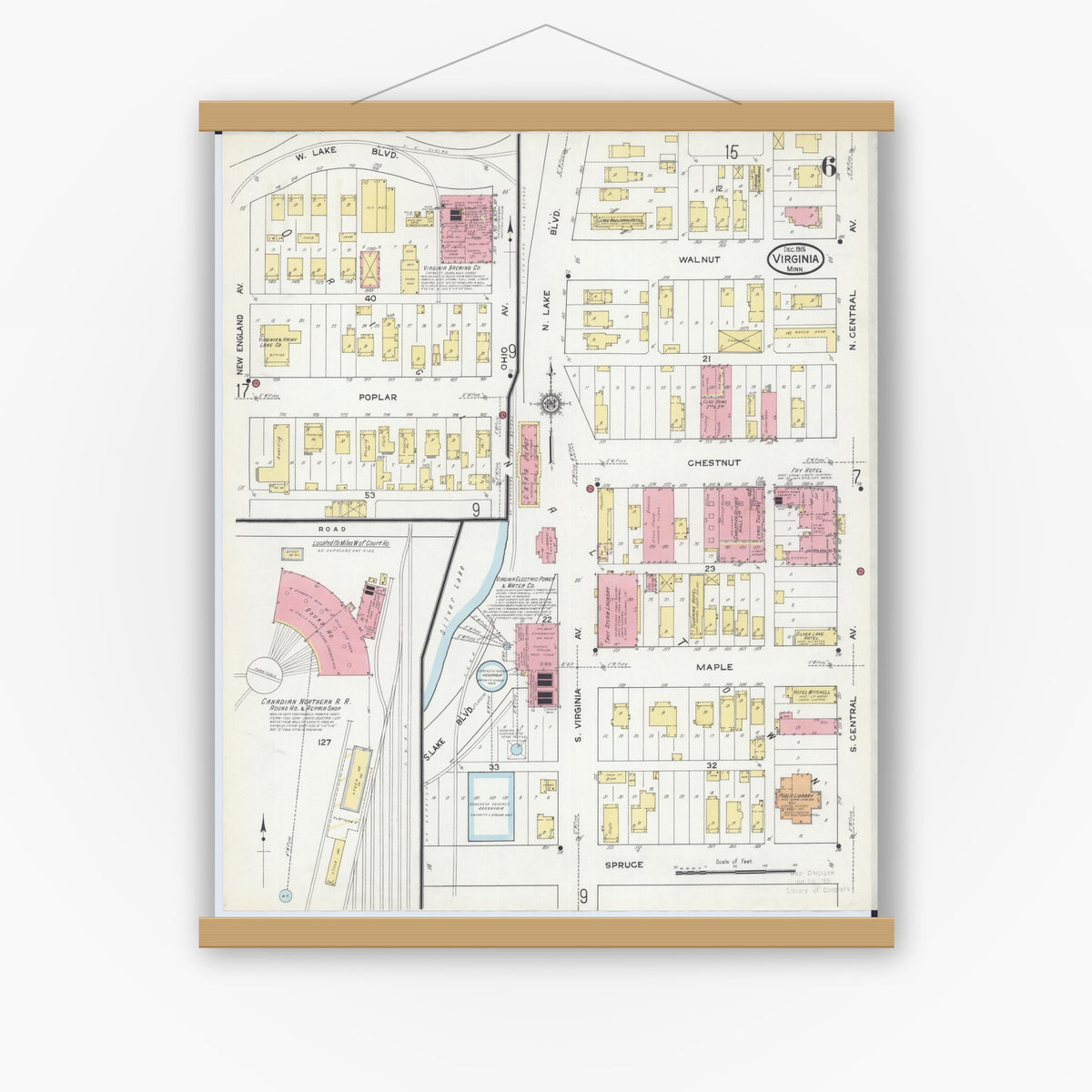Old map wall art mockup — magnetic wood frame on white wall — Sanborn Fire Insurance Map from Virginia, Saint Louis County, Minnesota (1915), Sheet #0006