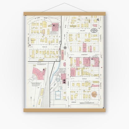 Old map wall art mockup — magnetic wood frame on white wall — Sanborn Fire Insurance Map from Virginia, Saint Louis County, Minnesota (1915), Sheet #0006