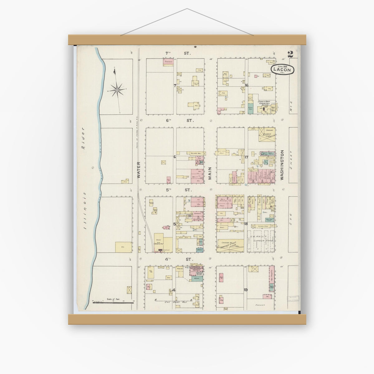 Old map wall art mockup — magnetic wood frame on white wall — Sanborn Fire Insurance Map from Lacon, Marshall County, Illinois (1888), Sheet #0002
