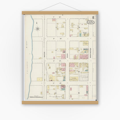Old map wall art mockup — magnetic wood frame on white wall — Sanborn Fire Insurance Map from Lacon, Marshall County, Illinois (1888), Sheet #0002
