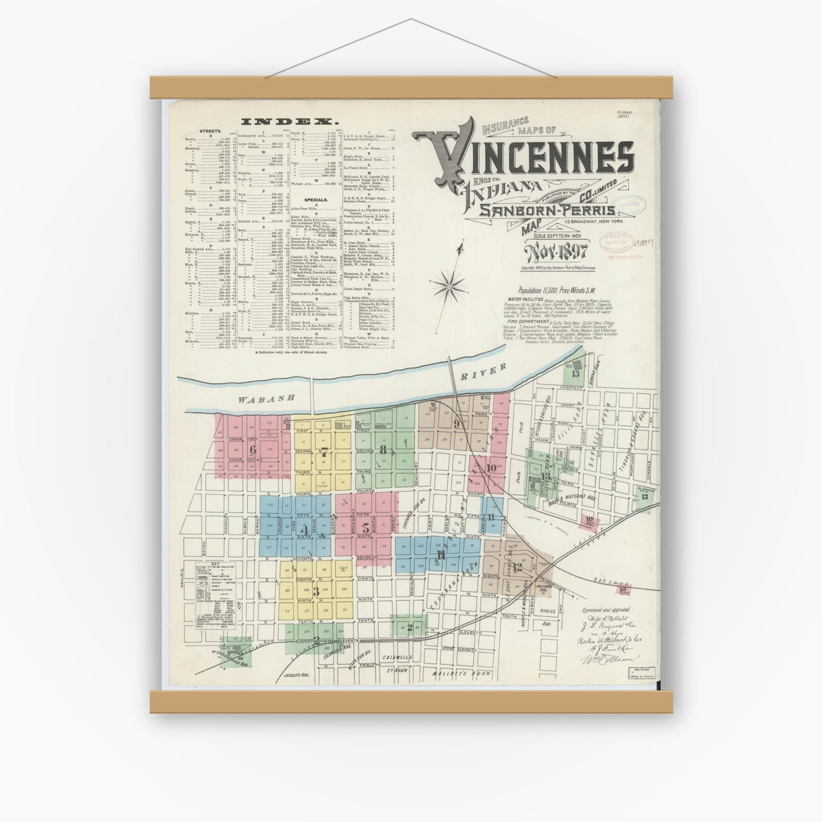 Old map wall art mockup — magnetic wood frame on white wall — Sanborn Fire Insurance Map from Vincennes, Knox County, Indiana (1897), Sheet #0001