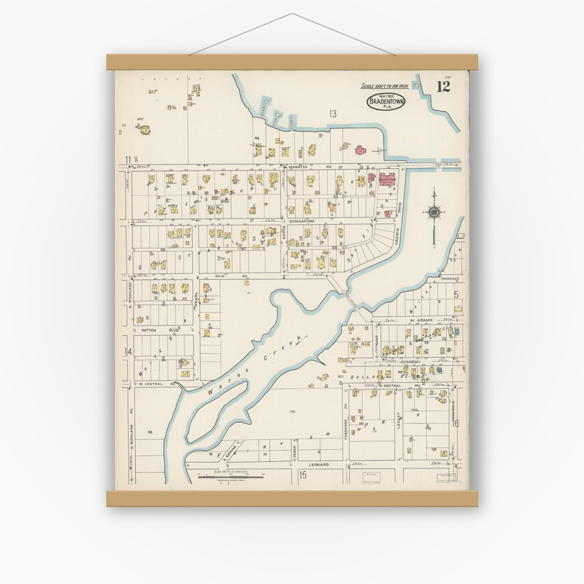 Old map wall art mockup — magnetic wood frame on white wall — Sanborn Fire Insurance Map from Bradentown, Manatee County, Florida (1922), Sheet #0012