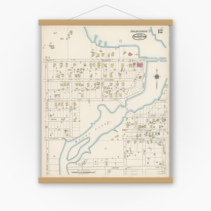 Old map wall art mockup — magnetic wood frame on white wall — Sanborn Fire Insurance Map from Bradentown, Manatee County, Florida (1922), Sheet #0012