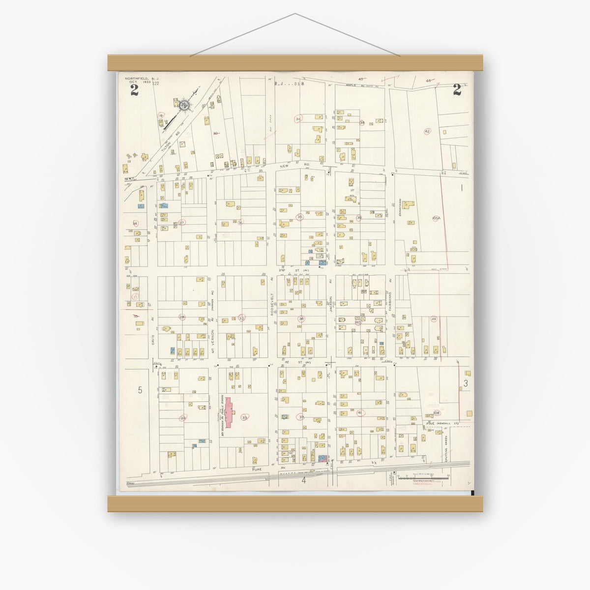 Old map wall art mockup — magnetic wood frame on white wall — Sanborn Fire Insurance Map from Northfield, Atlantic County, New Jersey (1942), Sheet #0002
