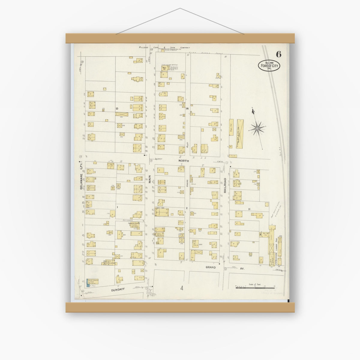 Old map wall art mockup — magnetic wood frame on white wall — Sanborn Fire Insurance Map from Forest City, Susquehanna County, Pennsylvania (1908), Sheet #0006