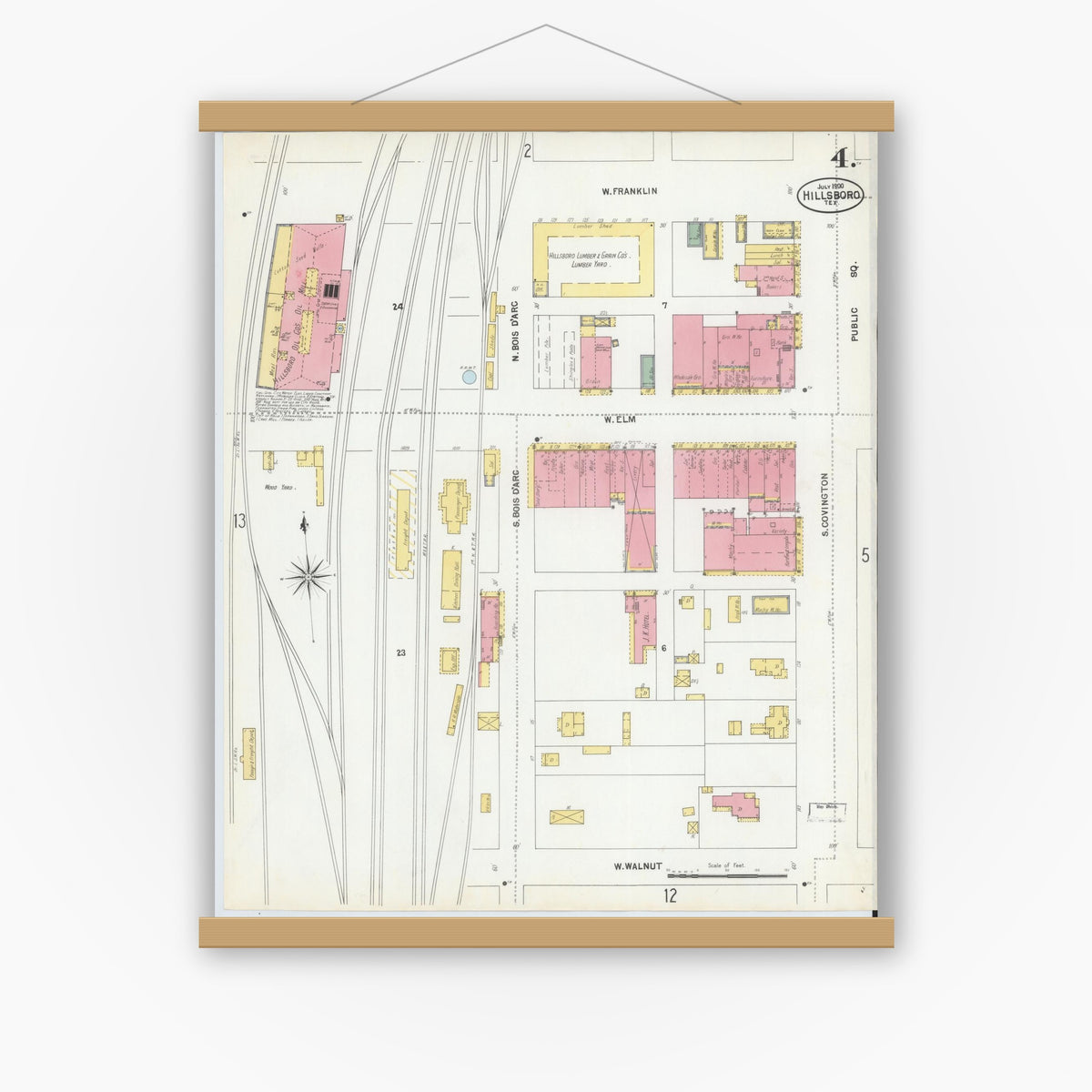 Old map wall art mockup — magnetic wood frame on white wall — Sanborn Fire Insurance Map from Hillsboro, Hill County, Texas (1900), Sheet #0004
