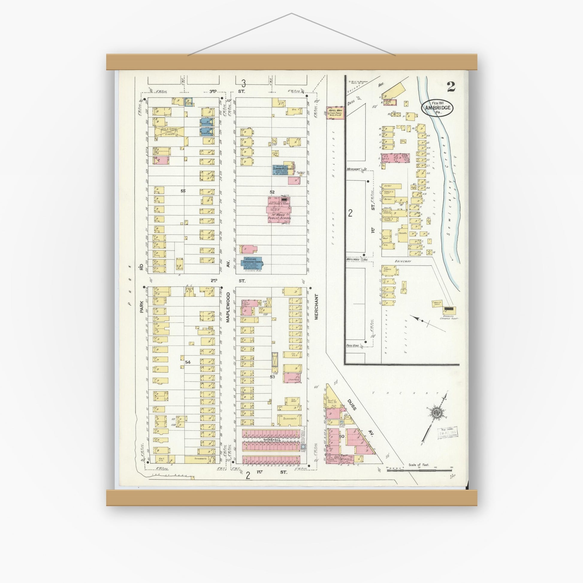Old map wall art mockup — magnetic wood frame on white wall — Sanborn Fire Insurance Map from Ambridge, Beaver County, Pennsylvania (1911), Sheet #0002