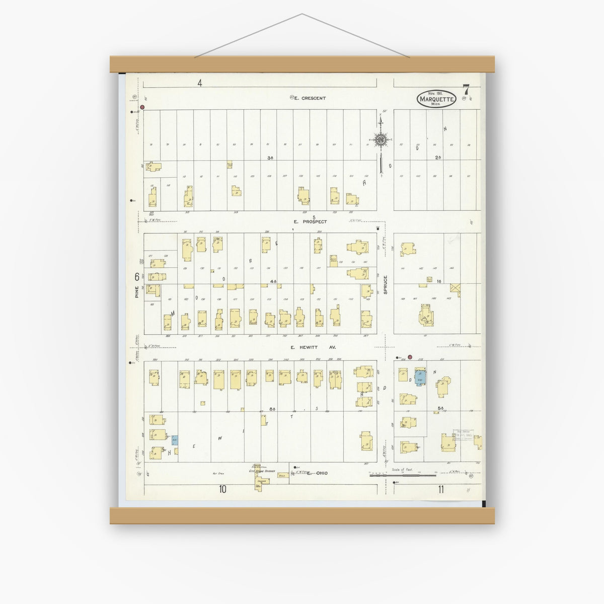 Old map wall art mockup — magnetic wood frame on white wall — Sanborn Fire Insurance Map from Marquette, Marquette County, Michigan (1911), Sheet #0007