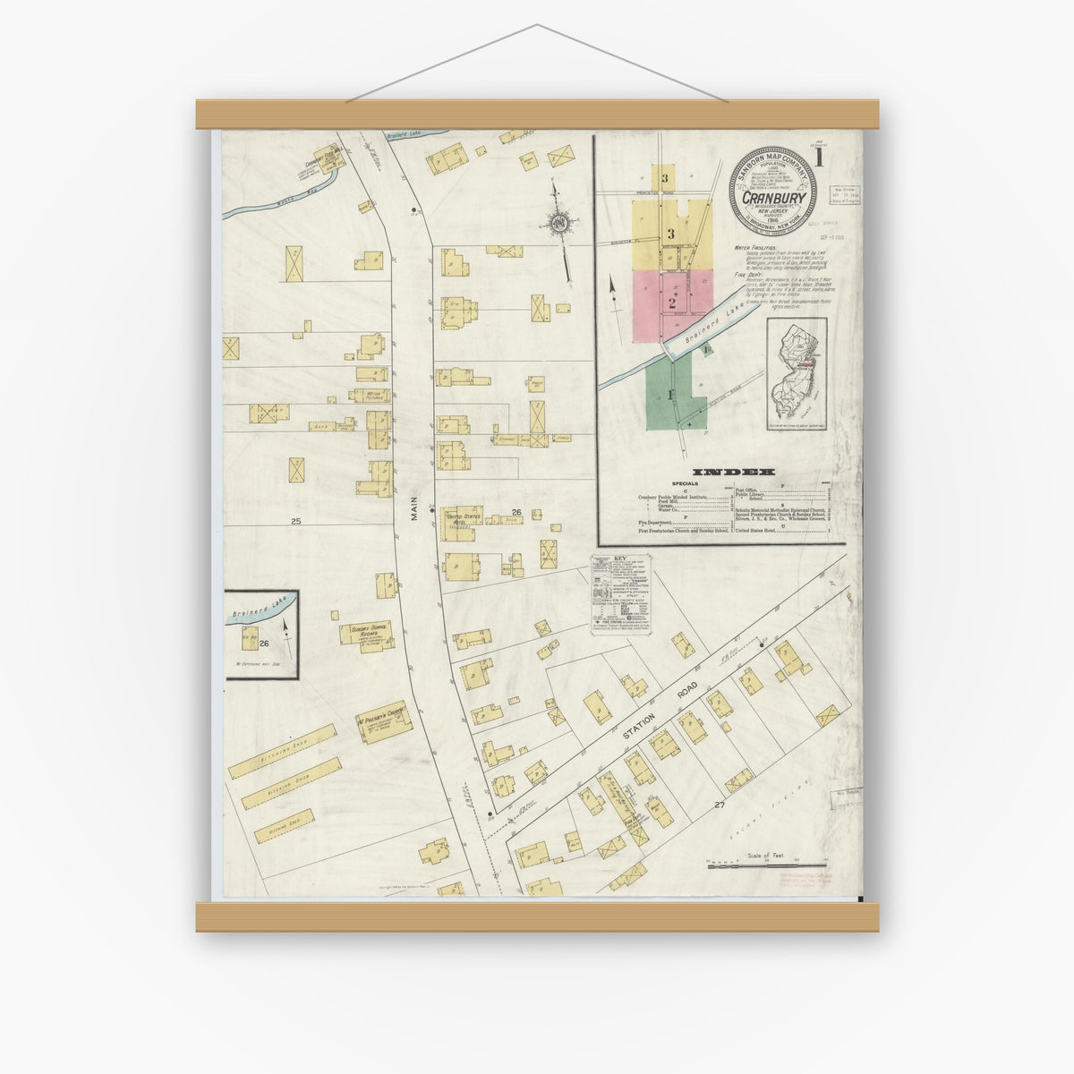 Old map wall art mockup — magnetic wood frame on white wall — Sanborn Fire Insurance Map from Cranbury, Middlesex County, New Jersey (1916) - Complete Map Set