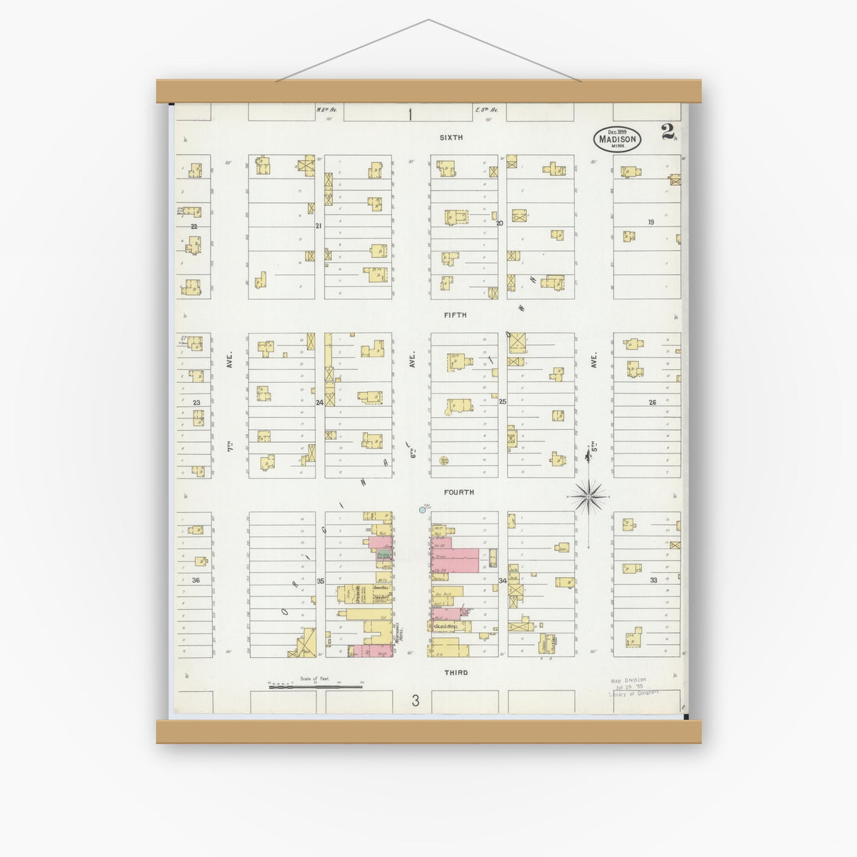 Old map wall art mockup — magnetic wood frame on white wall — Sanborn Fire Insurance Map from Madison, Lac Qui Parle County, Minnesota (1899), Sheet #0002