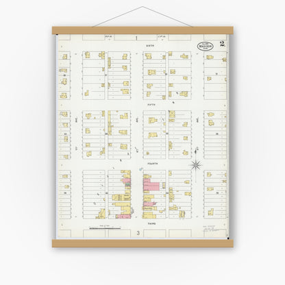 Old map wall art mockup — magnetic wood frame on white wall — Sanborn Fire Insurance Map from Madison, Lac Qui Parle County, Minnesota (1899), Sheet #0002
