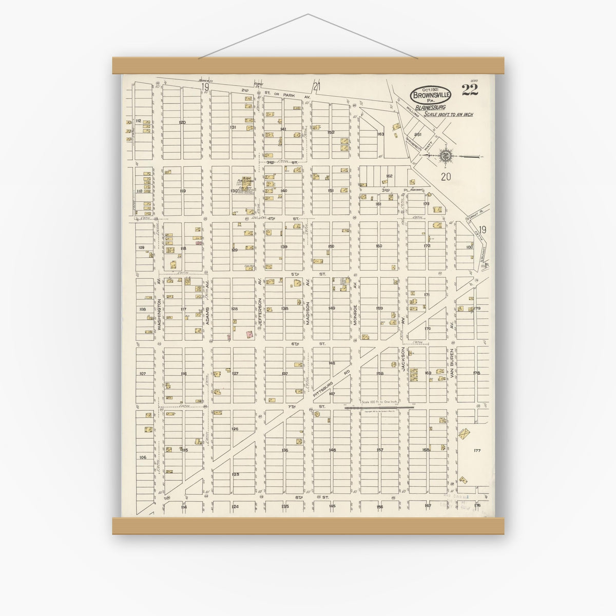 Old map wall art mockup — magnetic wood frame on white wall — Sanborn Fire Insurance Map from Brownsville, Fayette County, Pennsylvania (1921), Sheet #0022