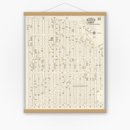 Old map wall art mockup — magnetic wood frame on white wall — Sanborn Fire Insurance Map from Brownsville, Fayette County, Pennsylvania (1921), Sheet #0022