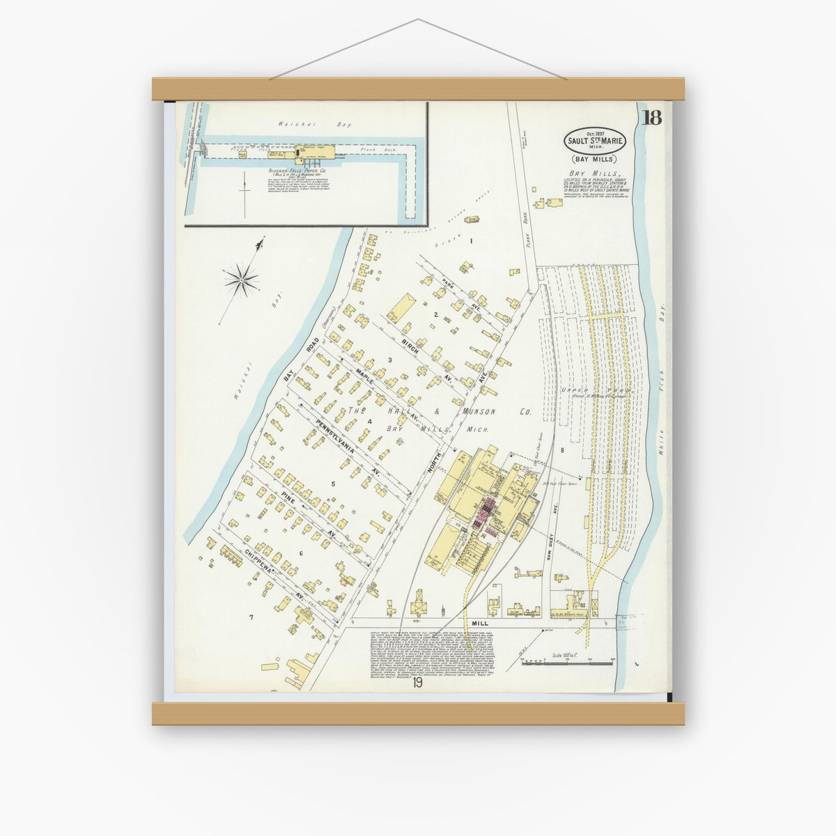 Old map wall art mockup — magnetic wood frame on white wall — Sanborn Fire Insurance Map from Sault Sainte Marie, Chippewa County, Michigan (1897), Sheet #0018