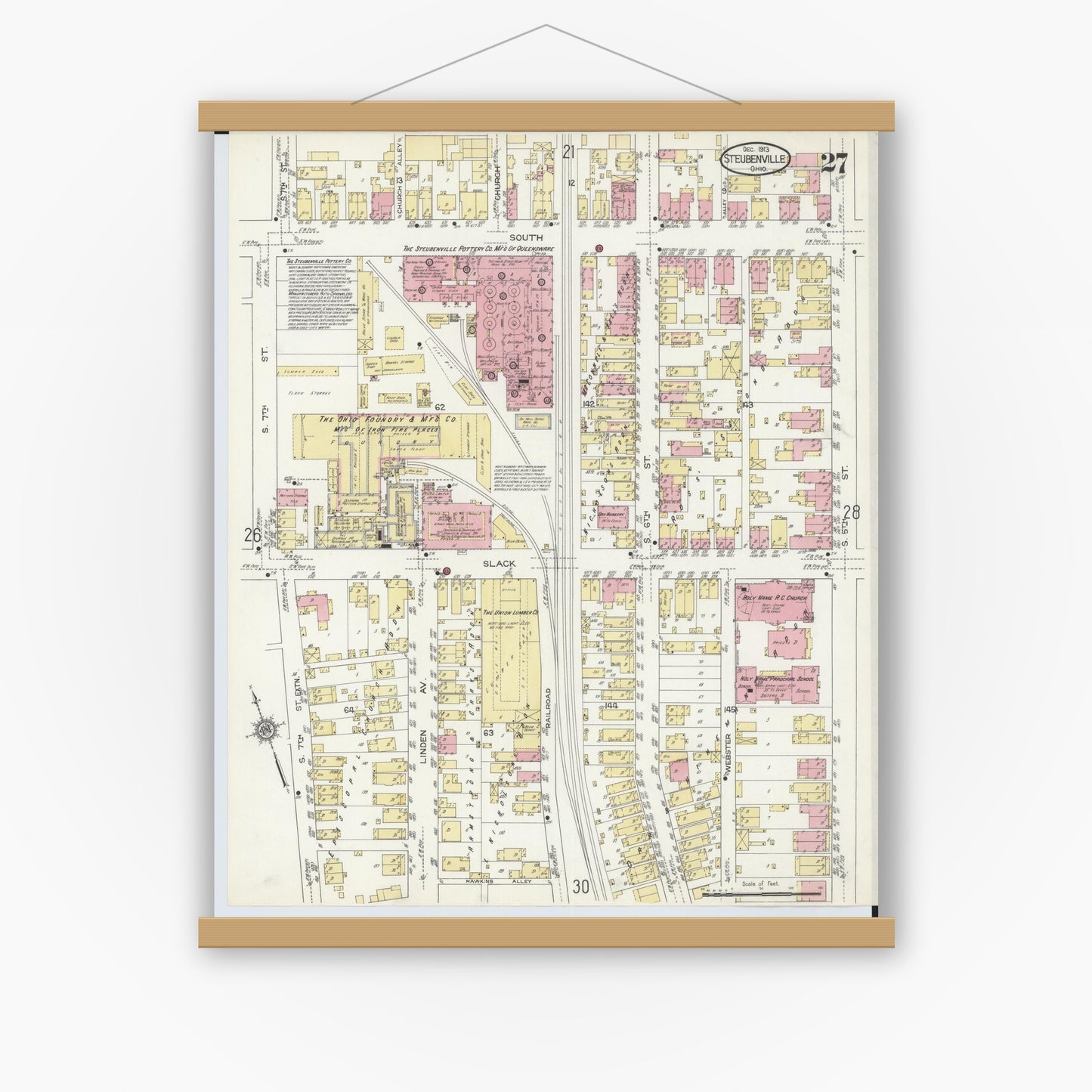 Old map wall art mockup — magnetic wood frame on white wall — Sanborn Fire Insurance Map from Steubenville, Jefferson County, Ohio (1913), Sheet #0027