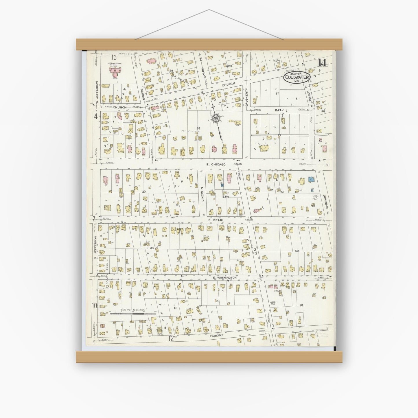 Old map wall art mockup — magnetic wood frame on white wall — Sanborn Fire Insurance Map from Coldwater, Branch County, Michigan (1914), Sheet #0014