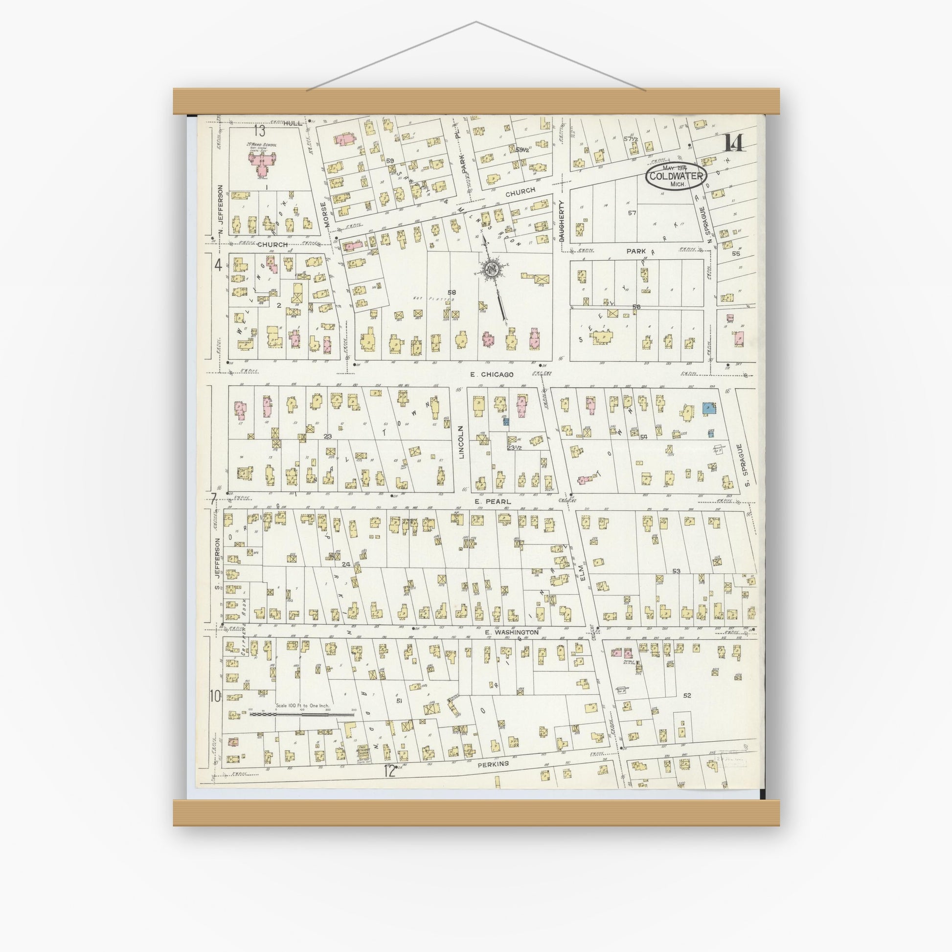 Old map wall art mockup — magnetic wood frame on white wall — Sanborn Fire Insurance Map from Coldwater, Branch County, Michigan (1914), Sheet #0014