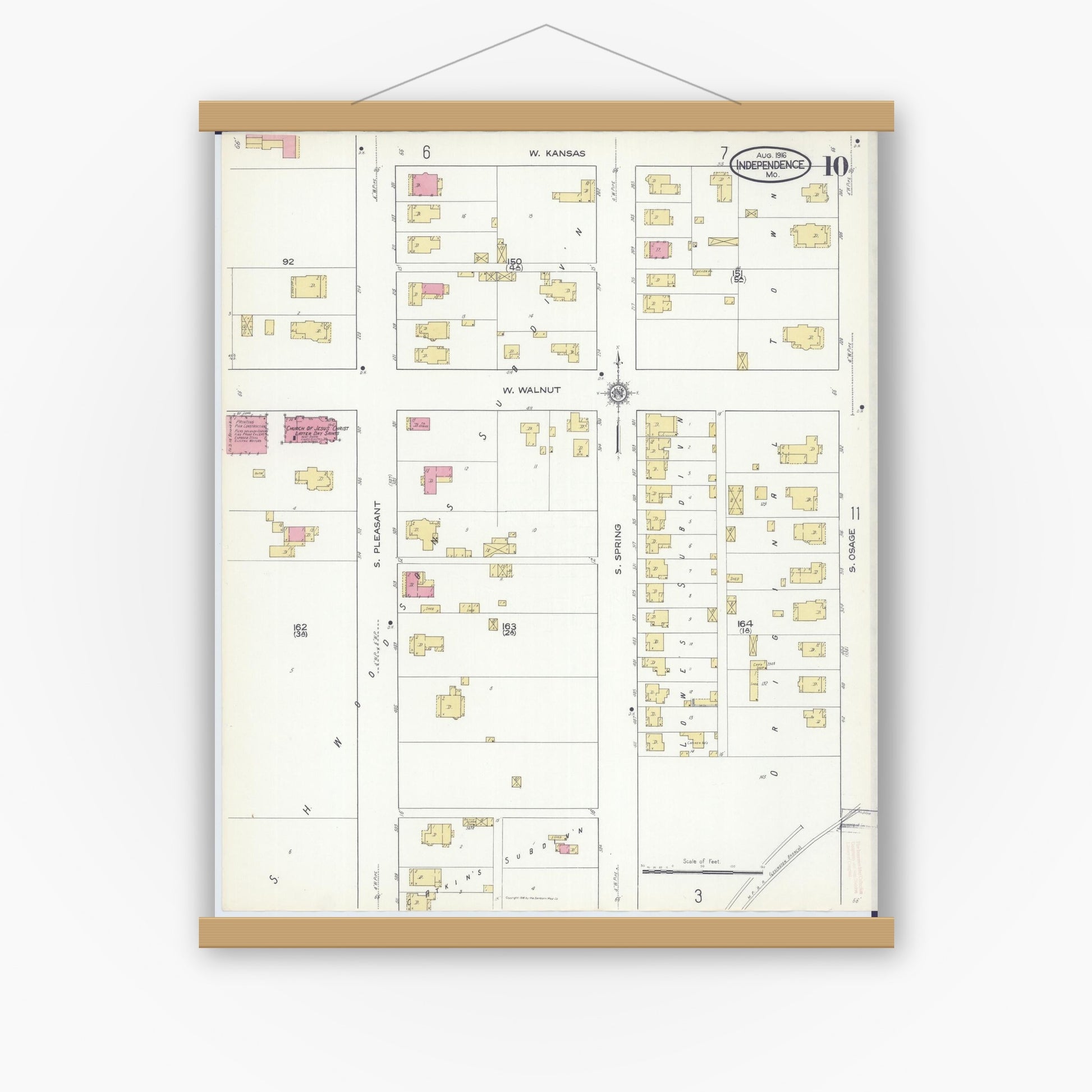 Old map wall art mockup — magnetic wood frame on white wall — Sanborn Fire Insurance Map from Independence, Jackson County, Missouri (1916), Sheet #0010