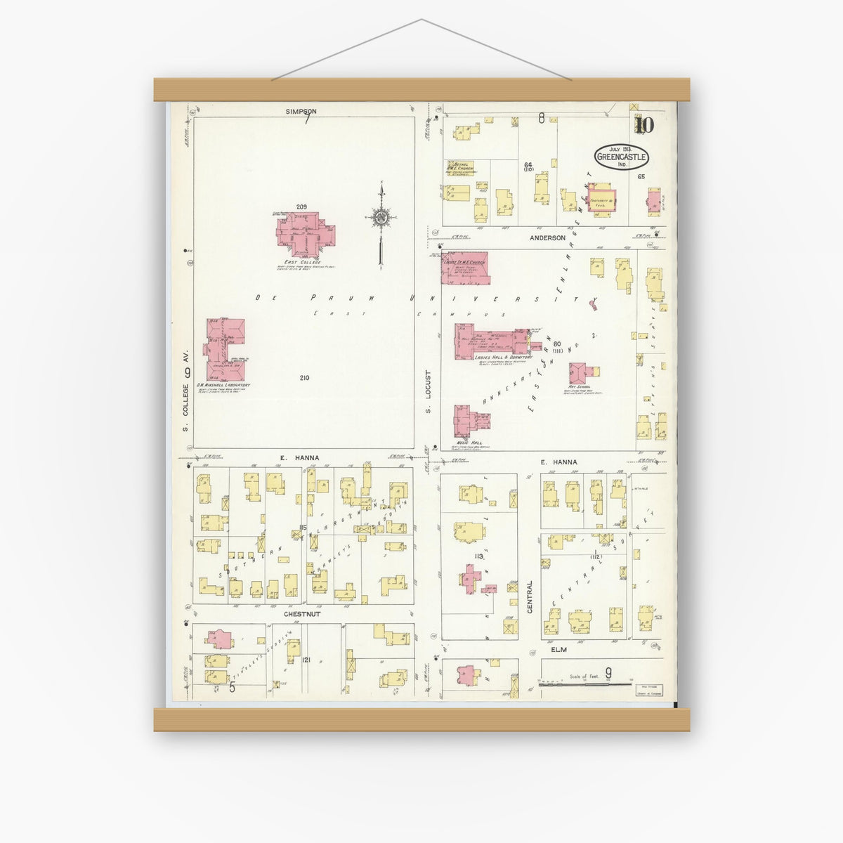 Old map wall art mockup — magnetic wood frame on white wall — Sanborn Fire Insurance Map from Greencastle, Putnam County, Indiana (1913), Sheet #0010