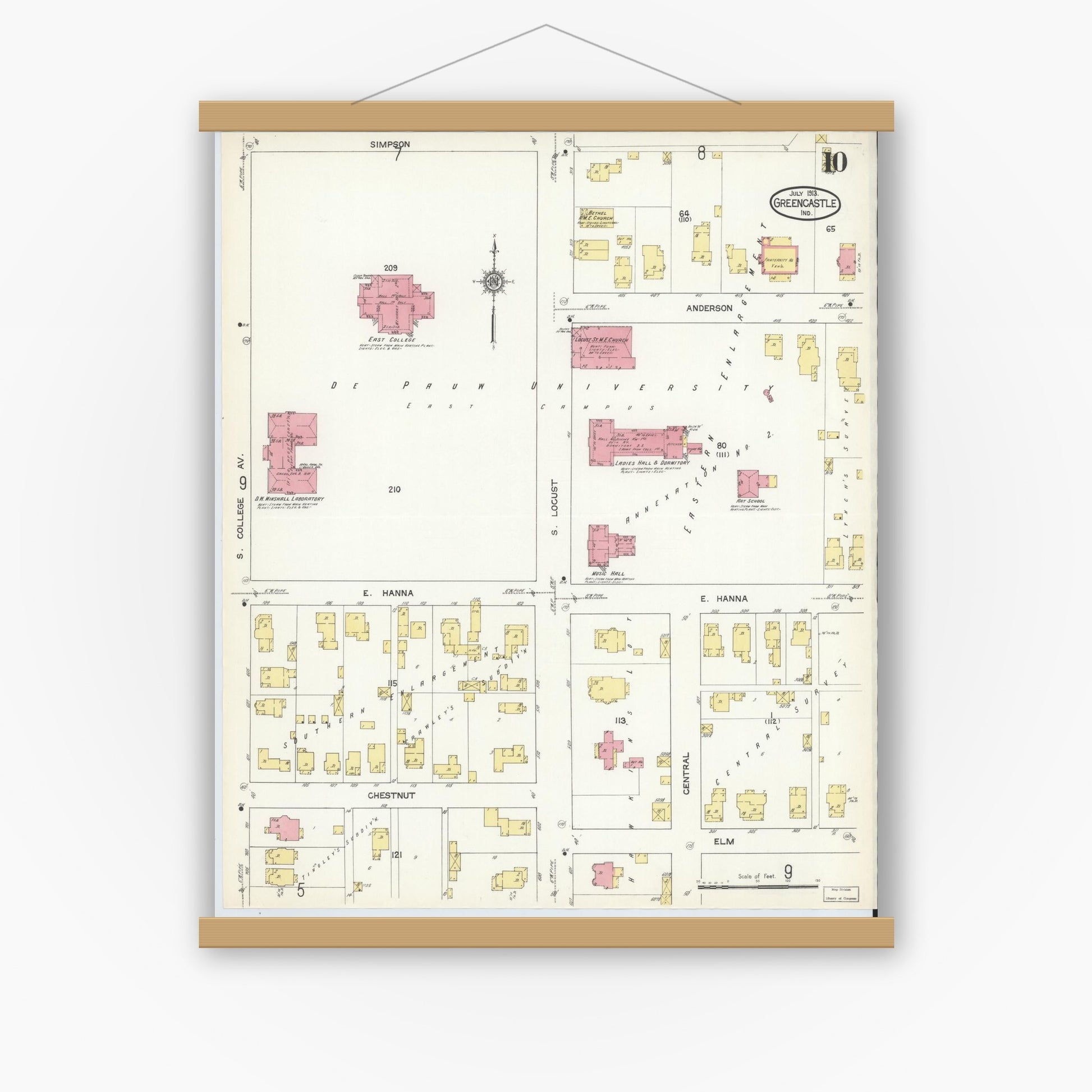 Old map wall art mockup — magnetic wood frame on white wall — Sanborn Fire Insurance Map from Greencastle, Putnam County, Indiana (1913), Sheet #0010