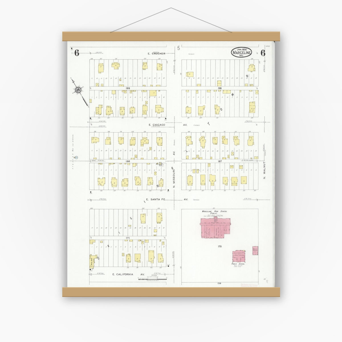 Old map wall art mockup — magnetic wood frame on white wall — Sanborn Fire Insurance Map from Marceline, Linn County, Missouri (1930), Sheet #0006