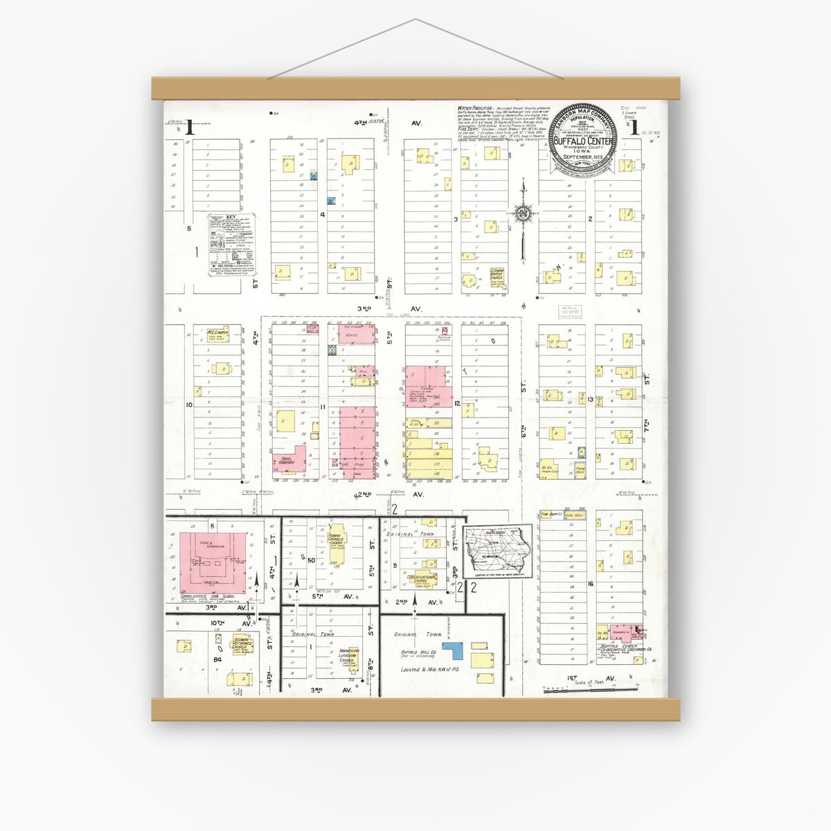 Old map wall art mockup — magnetic wood frame on white wall — Sanborn Fire Insurance Map from Buffalo Center, Winnebago County, Iowa (1923) â€” Complete Set
