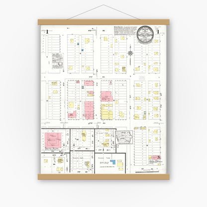 Old map wall art mockup — magnetic wood frame on white wall — Sanborn Fire Insurance Map from Buffalo Center, Winnebago County, Iowa (1923) â€” Complete Set