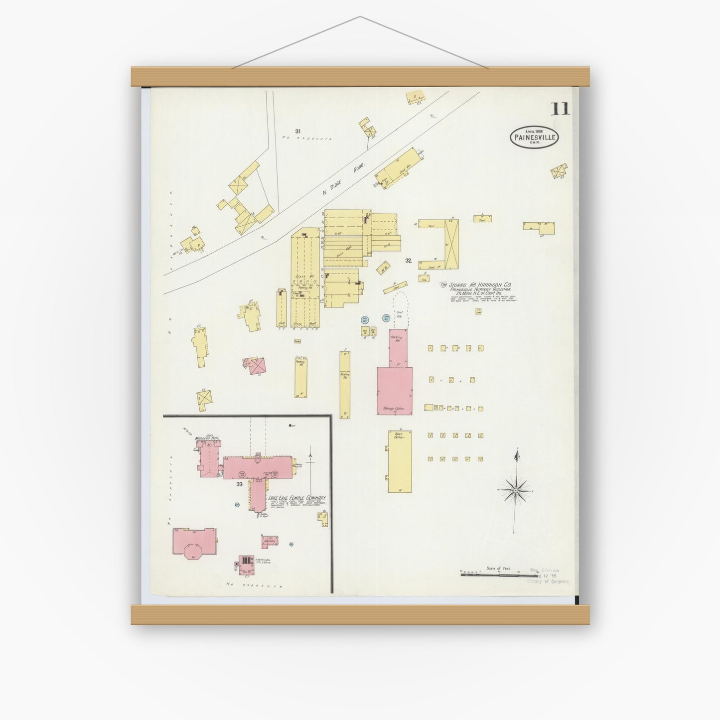 Old map wall art mockup — magnetic wood frame on white wall — Sanborn Fire Insurance Map from Painesville, Lake County, Ohio (1898), Sheet #0011