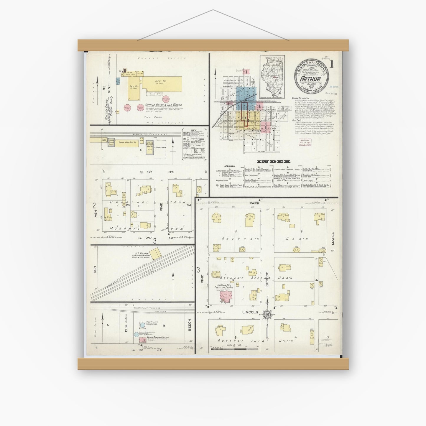 Old map wall art mockup — magnetic wood frame on white wall — Sanborn Fire Insurance Map from Arthur, Moultrie And Douglas Counties, Illinois (1914), Sheet #0001