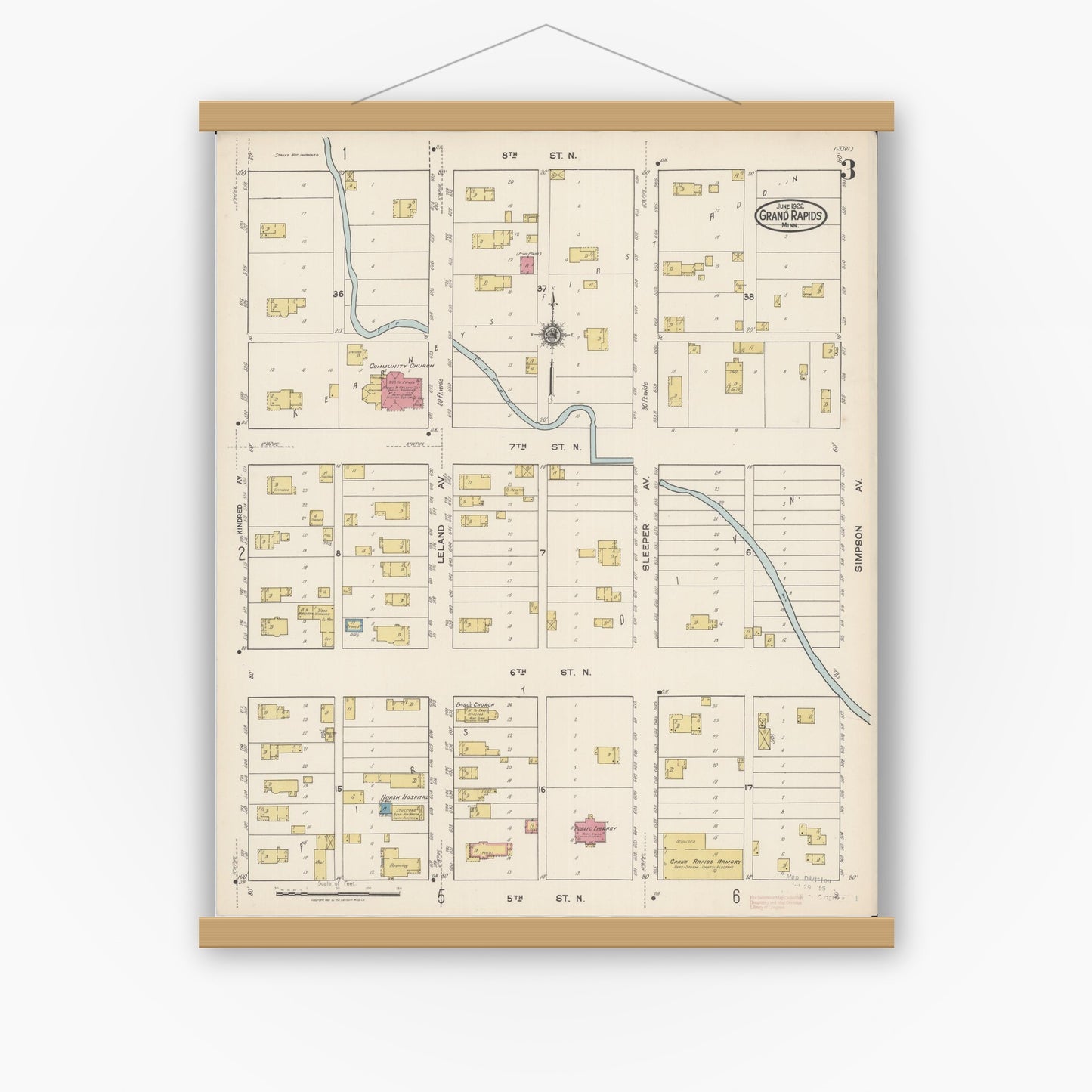 Old map wall art mockup — magnetic wood frame on white wall — Sanborn Fire Insurance Map from Grand Rapids, Itasca County, Minnesota (1922), Sheet #0003