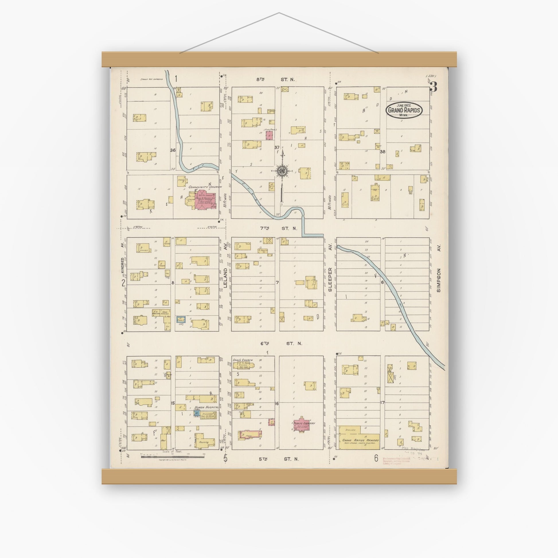 Old map wall art mockup — magnetic wood frame on white wall — Sanborn Fire Insurance Map from Grand Rapids, Itasca County, Minnesota (1922), Sheet #0003