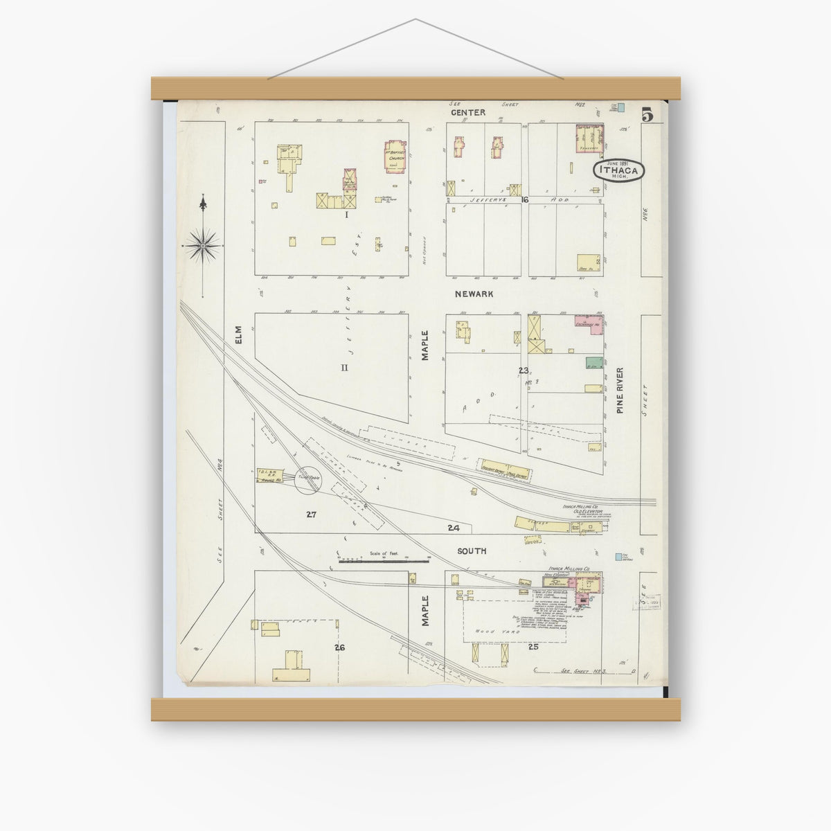Old map wall art mockup — magnetic wood frame on white wall — Sanborn Fire Insurance Map from Ithaca, Gratiot County, Michigan (1891), Sheet #0005