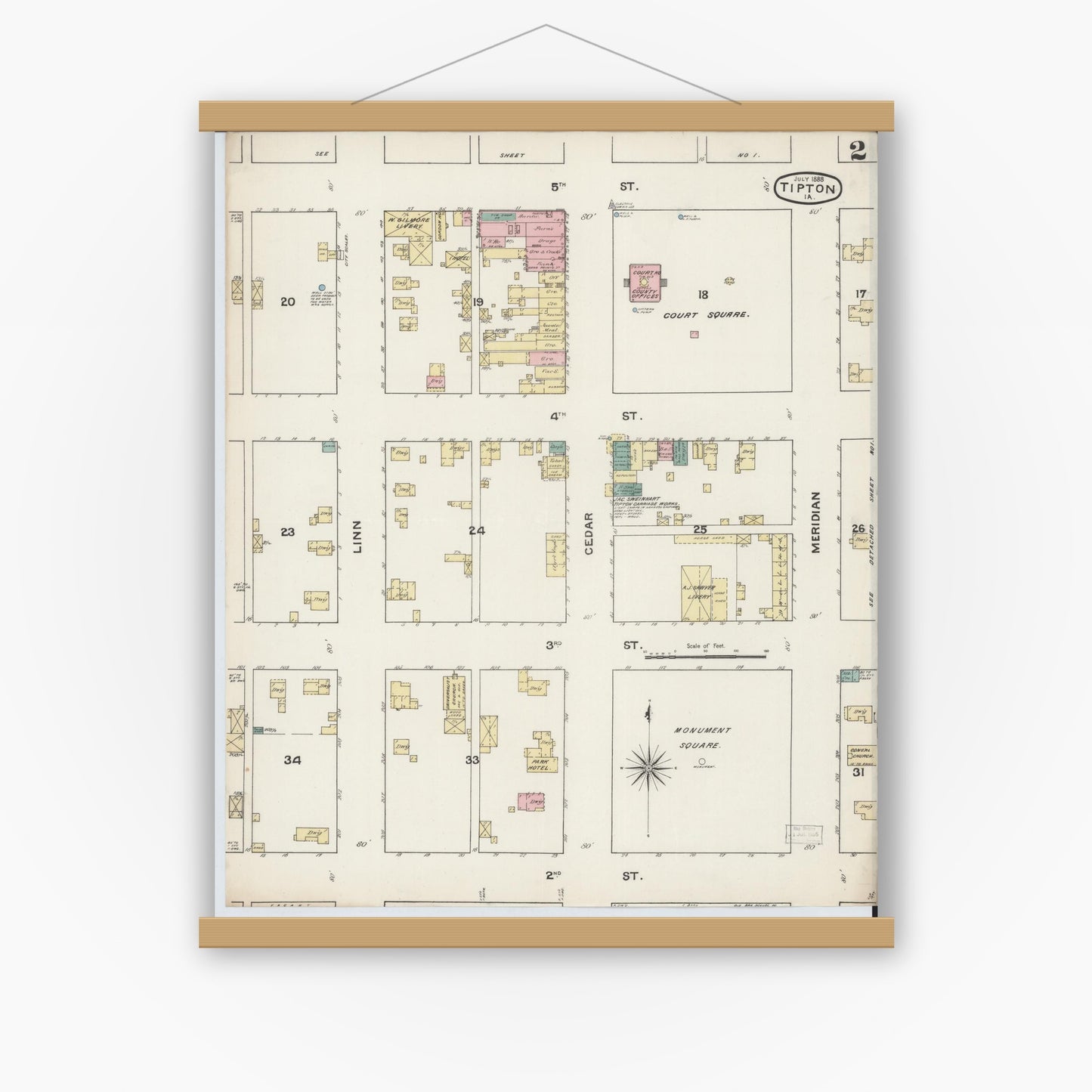 Old map wall art mockup — magnetic wood frame on white wall — Sanborn Fire Insurance Map from Tipton, Cedar County, Iowa (1888), Sheet #0002