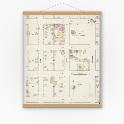 Old map wall art mockup — magnetic wood frame on white wall — Sanborn Fire Insurance Map from Tipton, Cedar County, Iowa (1888), Sheet #0002
