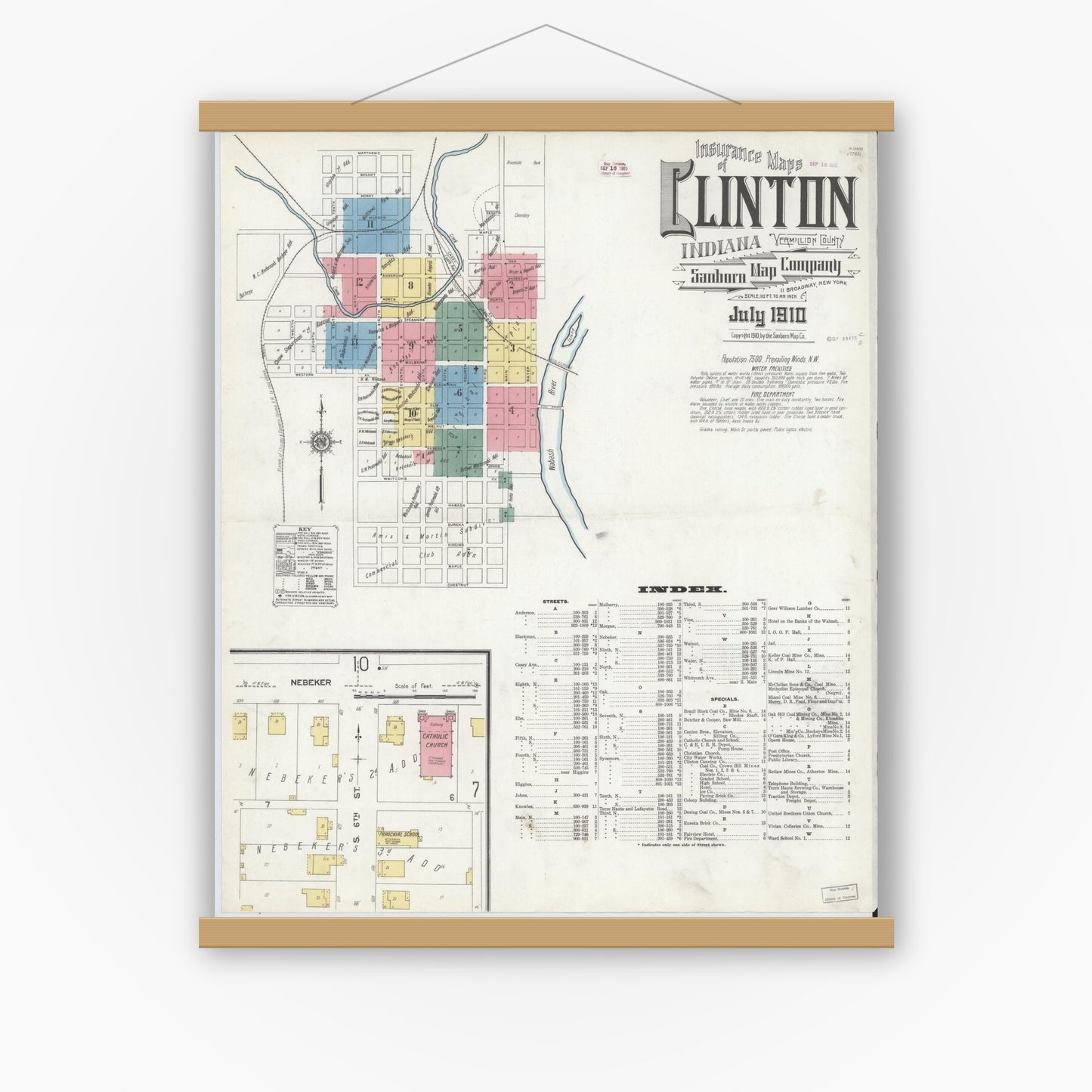 Old map wall art mockup — magnetic wood frame on white wall — Sanborn Fire Insurance Map from Clinton, Vermillion County, Indiana (1910), Sheet #0001