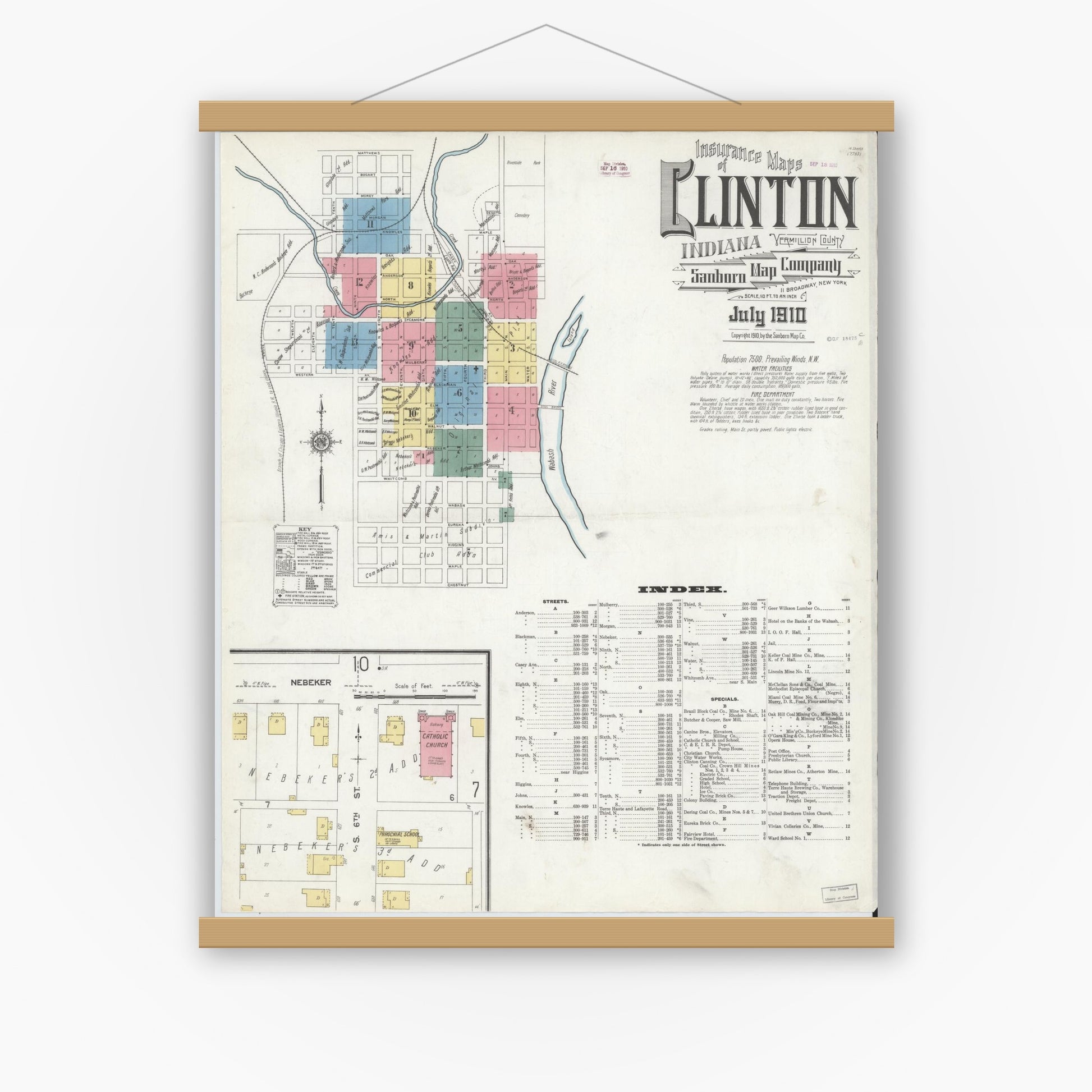 Old map wall art mockup — magnetic wood frame on white wall — Sanborn Fire Insurance Map from Clinton, Vermillion County, Indiana (1910), Sheet #0001