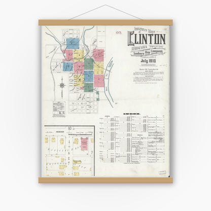 Old map wall art mockup — magnetic wood frame on white wall — Sanborn Fire Insurance Map from Clinton, Vermillion County, Indiana (1910), Sheet #0001