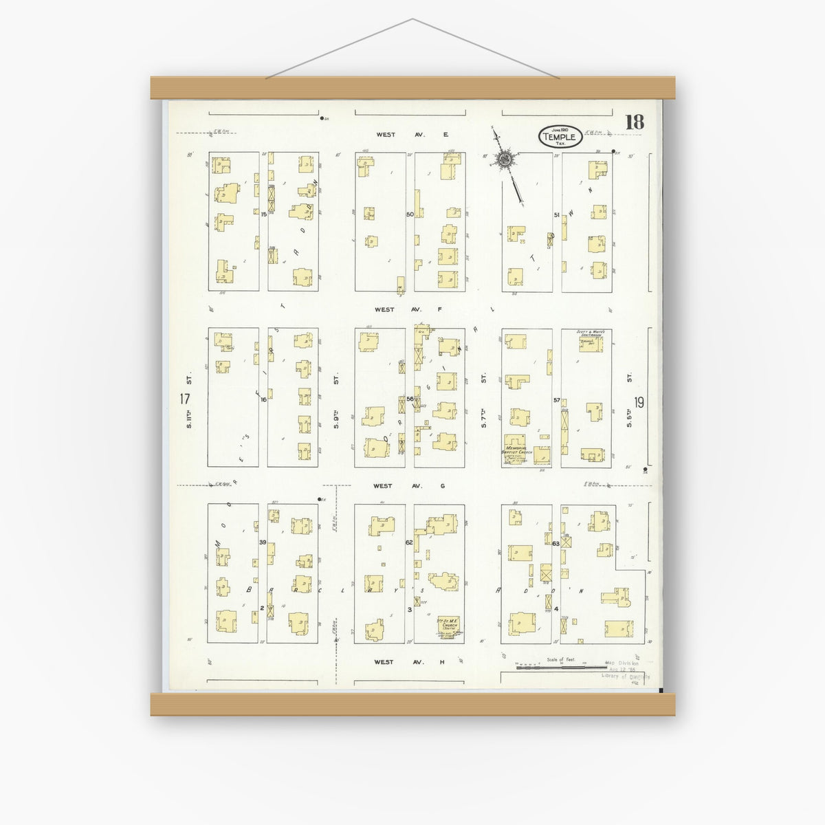 Old map wall art mockup — magnetic wood frame on white wall — Sanborn Fire Insurance Map from Temple, Bell County, Texas (1910), Sheet #0018