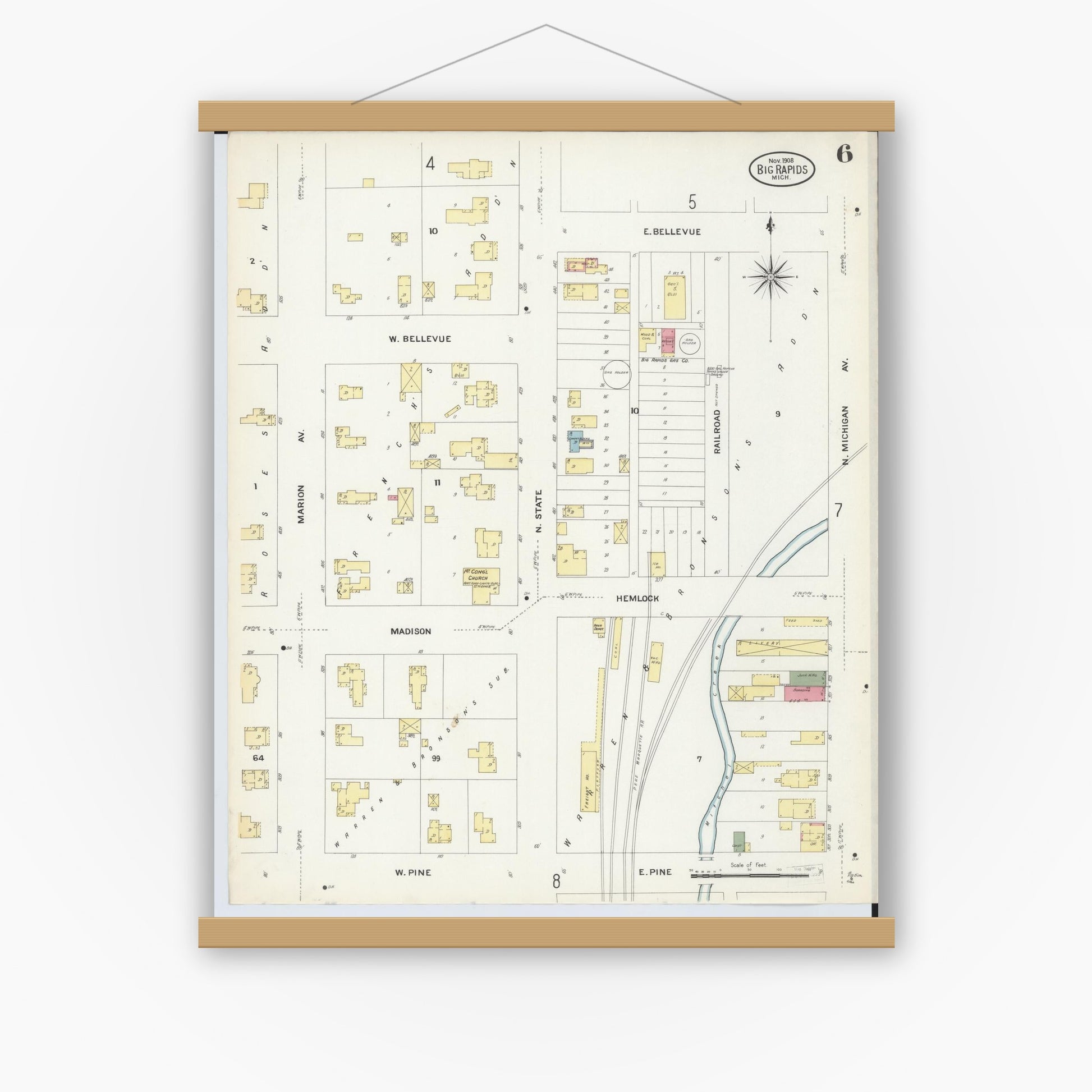 Old map wall art mockup — magnetic wood frame on white wall — Sanborn Fire Insurance Map from Big Rapids, Mecosta County, Michigan (1908), Sheet #0006