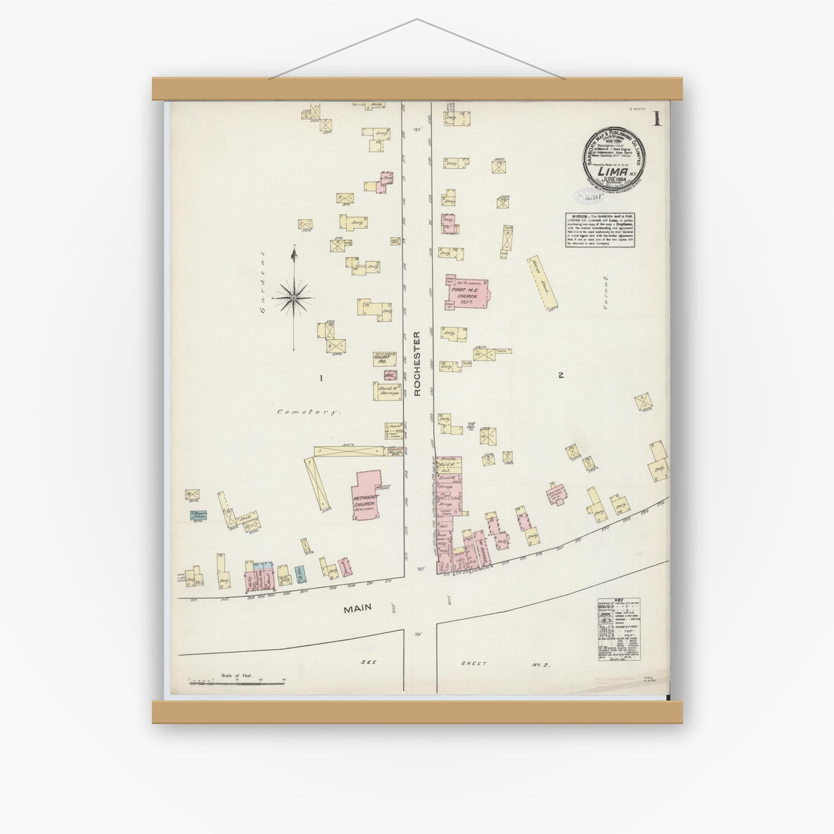 Old map wall art mockup — magnetic wood frame on white wall — Sanborn Fire Insurance Map from Lima, Livingston County, New York (1884), Sheet #0001